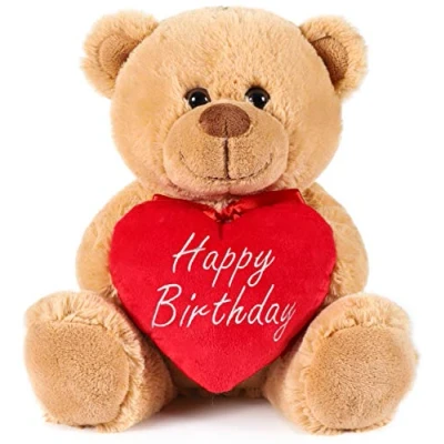 Image of BRUBAKER Teddy Plush Bear With Heart Red Happy Birthday 10 Inches (25 Cm) Cuddly Toy Light Brown