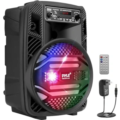 Image of Pyle Portable Bluetooth PA Speaker System 300W Rechargeable Outdoor w/ 8 Subwoofer 1 Tweeter, Microphone in, Party Lights, MP3/USB, Radio, Remote