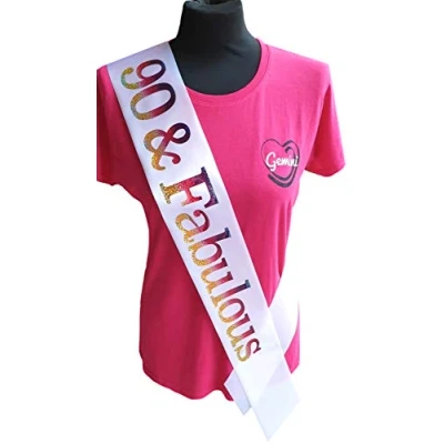 Image of Gemini Ribbons White and Rainbow 90 Fabulous 90th Birthday Sash Holographic Party Womens Mens Gift