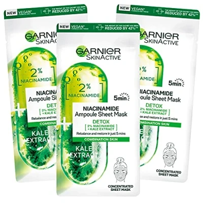 Image of 3x Garnier SkinActive Niacinamide Fabric Mask Detox Ampoule Purifying for Combination and Oily Skin Antioxidant Action 3 Disposable Face Masks