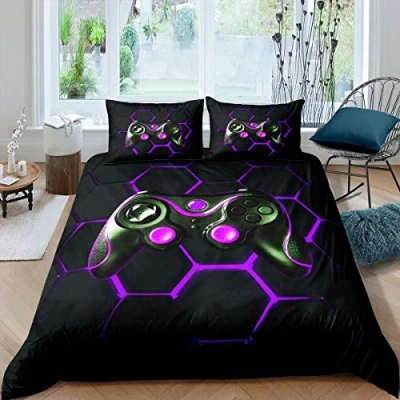 Image of Boys Game Comforter Cover Set Teens Kids Anime Gamer Gaming Duvet Geometric Honeycomb Hexagon Bedding Video Controller Bedclothes 2Pcs Single Size,Black,Purple
