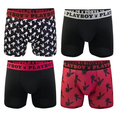 Image of Playboy Men&#039;s Everyday Athletic Boxer Briefs with Soft Brushed Fabric Sizes S, M, L &amp; XL, 4 Pack Bunny Toss, S (Pack of 4)