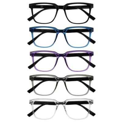 Image of OPULIZE LEO Reading Glasses 5 Pack Large Rectangular Frame Black, Blue, Purple, Grey, Clear Mens Womens Spring Hinges RRRRR55 1357C +1.50