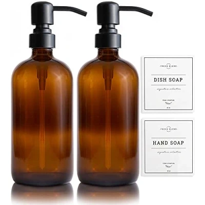 Image of Vine Creations Amber Glass Soap Dispenser 2 Pack, Thick 16oz Bottles Rustproof Stainless Steel Pump, Modern Farmhouse Vintage Jar, Bathroom Kitchen Accessories, with Waterproof Labels (Matte Black)