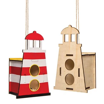 Image of Baker Ross AW445 Light House Wooden Birdhouse Kits (Pack of 2) Birdhouses to paint and Decorate