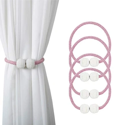 Image of Magnetic Curtain Tie Backs, 4PCS Clips Rope Holder Buckles Small Bead Buckle Holders for Home Office Hotel Window Decoration (Pink)