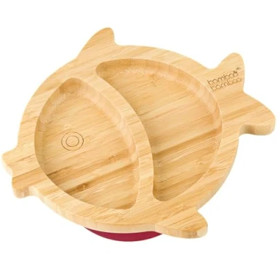 Image of Bamboo Baby Plate and Toddler Plate, Suction for Feeding Weaning, Fish with Secure Suction, Plates Babies from 6 Months (Fish, Cherry)