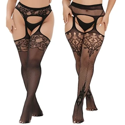 Image of MANZI Women Suspender Tights Plus Size Lace Patterned Garter Stockings Sexy Fishnet Thigh High 2 Pairs