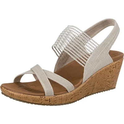 Image of Skechers Women&#039;s Beverlee High Tea Sandal,Natural Sparkle Linen Gore Trim,3.5 UK