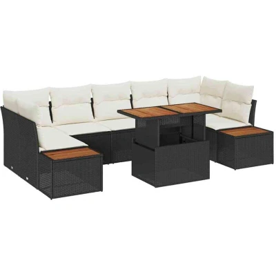 Image of vidaXL 8 Piece Garden Dining Set with Cushions Black Poly Rattan Acacia