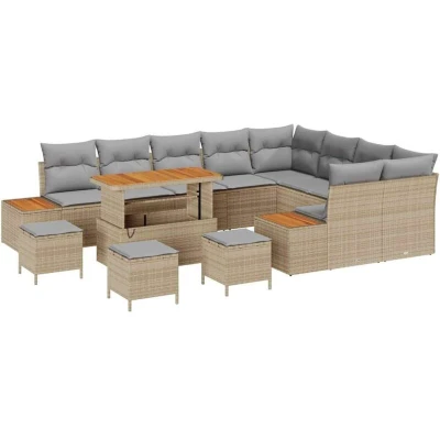 Image of vidaXL 13 Piece Garden Sofa Set with Cushions Beige Poly Rattan Acacia