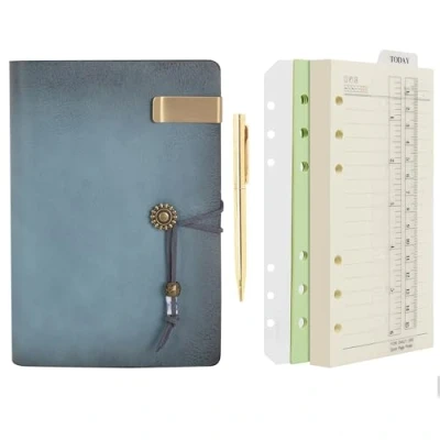 Image of WONDERPOOL Leather Journal Lined Paper Notebook &amp; Pen Refillable 6 Ring Binder Writing Spiral Diary with Ruled Notepads Vintage Cover for Office Travel Work and Plan Agenda (a Cyan, A6)
