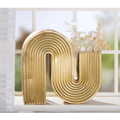 Image of Casablanca Modern Decorative Vase with Grooves Metal Groove Large for Pampas Grass Decoration Living Room Gift Birthday Colour: Gold Width 45 cm