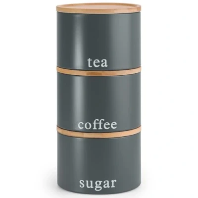 Image of EHC Tea, Coffee, Sugar, Canister Set, Set of 3 Stackable Airtight Food Storage Easy to Open Cansiters Jars Tin, Grey
