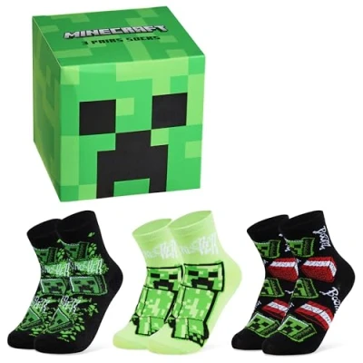 Image of Minecraft Boys Calf Socks, Soft Breathable Creeper Socks Multipack Gifts for Gamers (Green Cube 3 Pack, 3.5/6.5 UK)