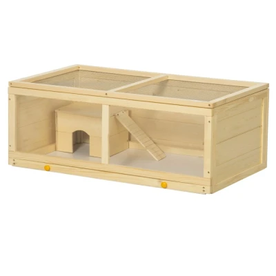 Image of PawHut Wooden Hamster Cage, Small Animal Cage with Sliding Tray, Openable Top, Hut, Exercise Play House for Syrian Hamsters, Natural Wood