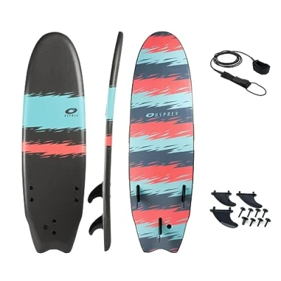 Image of Osprey Jagged Stripe 6ft Foamie, XPE Deck Foam Surfboard, includes leash and fins, Black (SU0048)