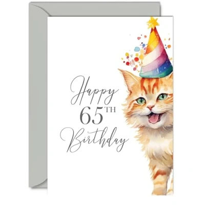 Image of 65th Birthday Cards for Women Men Party Cat Kitten Happy Card 65 Year Old Woman Man Nan Grandma Grandad Mum Dad Auntie Uncle Cousin, A5 Bday Greeting