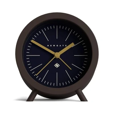 Image of NEWGATE Fred Barrel Alarm Clock &#039;No Tick&#039; Round Retro Analogue No Tick Small Marker Dial Mid Century (Chocolate Brown/Black Dial)