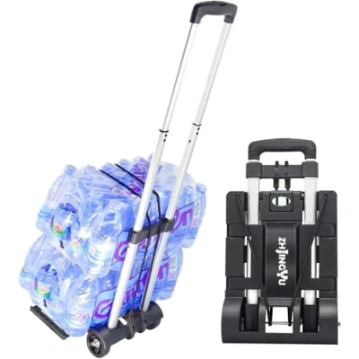 Image of 70lbs Folding Hand Truck Aluminum Telescopic Rod Foldable Roller Shopping Trolley Collapsible 2 Wheel Expandable Large Chassis into Backpack (Silver)