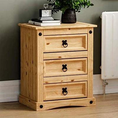 Image of Vida Designs Corona Bedside Chest, 3 Drawer, Solid Pine Wood