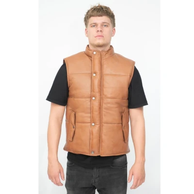 Image of Men&#039;s Tan Leather Puffer Padded Vest Waistcoat S