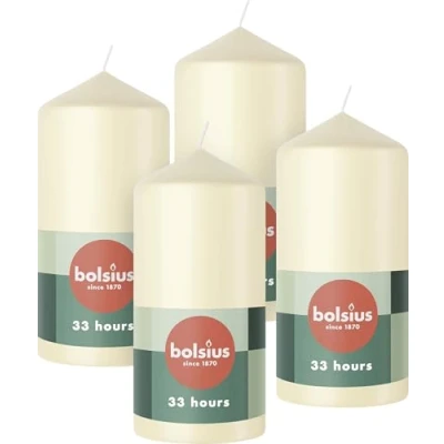 Image of Bolsius Pillar Candles Ivory 4 Pack 12 x 6 cm Decorative Household Long Burning Time of 33 Hours Unscented Includes Natural Vegan Wax Without Palm Oil