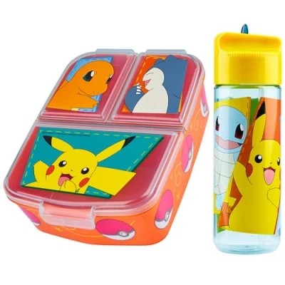 Image of Pokemon Kids Lunchbox with Compartments and Water Bottle for School or Day Trips