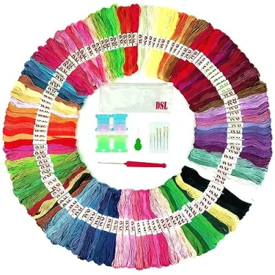 Image of Embroidery Thread 120 Skeins Pack, DSL Cross Stitch Threads 8m (6 Strand) Rainbow Colour Floss, Friendship Bracelets Threads, Crafts Sewing with Needles, Bobbins, Threader, etc