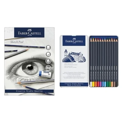 Image of Faber Castell Goldfaber, Colour Pencil Set, Tin Of 12 &amp; Sketch Pad, A5, Gummed Paper Pad 100 GSM, 50 Sheets