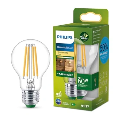 Image of PHILIPS LED Light Bulb Classic, UltraEfficient, 60W, 840Lm, A60, E27 2700K, Clear Glass, dimmable