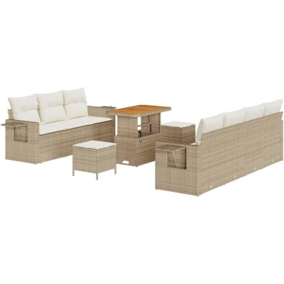 Image of vidaXL 10 Piece Garden Sofa Set with Cushions Beige Poly Rattan Acacia