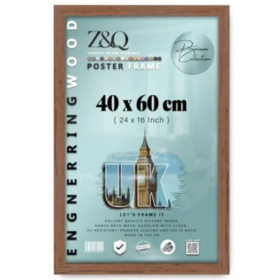 Image of Z&amp;Q Wall Mounted Poster Picture Frame Walnut 40 x 60 cm Display Painting Photo Print With HD Clear Perspex Both Ways Hanging Hooks MDF Wood 30x15mm Moulding