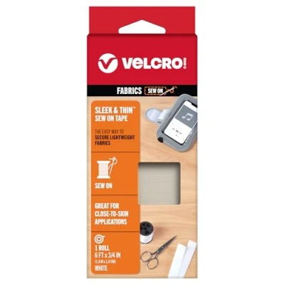 Image of VELCRO Brand Sleek and Thin for Fabrics 6ft x 3/4in Tape, White Soft on Skin Ultra Light with Sewing Lane Technology, VEL 30186 USA