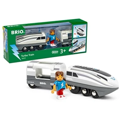 Image of BRIO World Battery Powered Turbo Speed Toy Train for Kids Age 3 Years Up Wooden Railway Set Add On Accessories