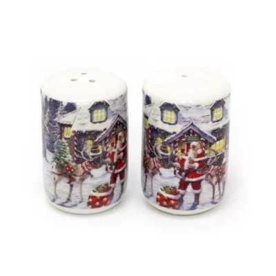 Image of Carousel Home Santa Workshop Christmas Salt and Pepper Pots Festive Fine China Set Xmas Shakers Porcelain Cruet Sets