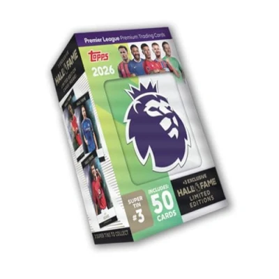 Image of Topps Premier League 2026 Debut Edition Hall of Fame Super Tin #3. Contains 50 cards plus 3 LE cards.