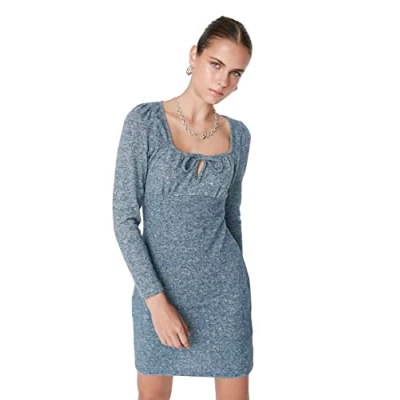 Image of Trendyol Women&#039;s Woman Fitted Bodycon Square Collar Woven Dress, Navy Blue, L UK