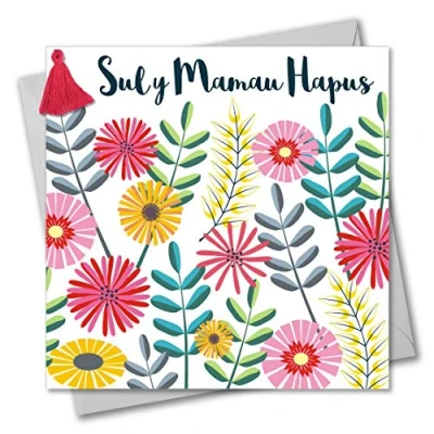 Image of Claire Giles Tassel Embellished Welsh Language Mother&#039;s Day Greeting Card, Flowers &amp; Leaves, Happy Day, Sul y Mamau Hapus, WMBL005
