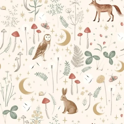Image of Enchanted Twilight Natural Wallpaper Floral Flowers Animal Print Woodland Trendy Playroom Nursery Feature Wall