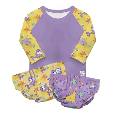 Image of Bambino Mio, Revolutionary Reusable Swim Set 2 Nappies and Rash Top, Baby Toddler, Sun Protection UPF40+, Sand Squad, 3 Years