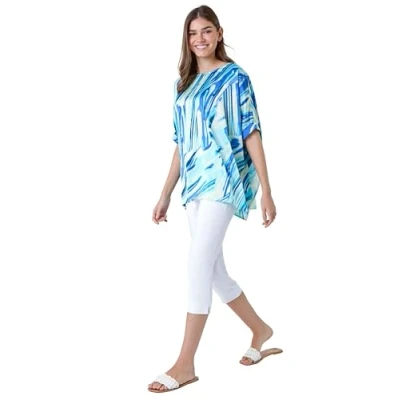 Image of Roman Originals Swirl Print Button Back Top for Women UK Ladies Everyday Holiday Spring Summer Round Neckline Comfy Soft Evening Vacation Work Party Blue &amp; White Size 20