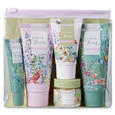 Image of Heathcote &amp; Ivory Flower of Focus Top to Toe Kit 50ml Hand Cream, Body Lotion, 30ml Foot 30g Bath Salts and 10ml Lip Balm Cruelty Free Vegan Friendly