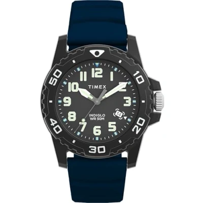 Image of Timex Men&#039;s Main Street 42 mm Watch Blue Silicone Strap Black Dial Case TW5M61100