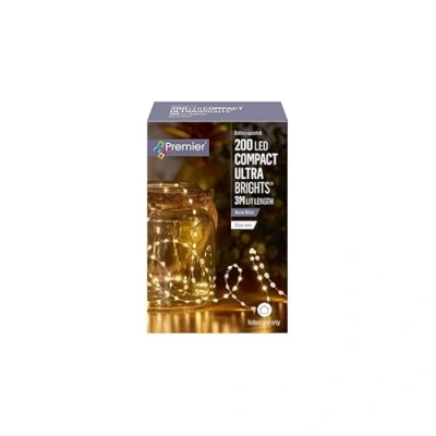 Image of Premier Decorations 200 Warm White LED Compact Ultrabright Silver Wire Battery Operated Lights 3m