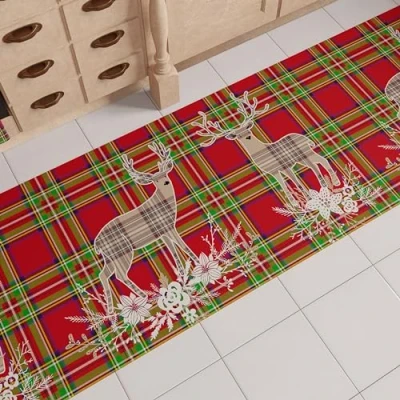 Image of PETTI Artigiani Italiani Christmas Kitchen Rug, Runner, Non Slip and Washable Beige Reindeer, 52 x 180 cm, Made in Italy
