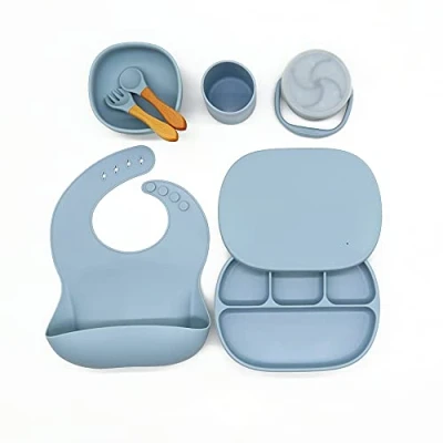 Image of Baby Weaning Set Toddler Feeding Plate, Cup, Bowl, Spoon, Fork, Snack Lid Silicone and Wood Materials (Dusty Blue)