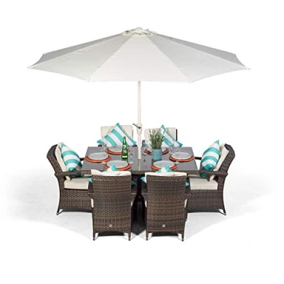 Image of Arizona Luxury Rattan Dining Set Rectangle 6 Seater Brown Outdoor Poly Garden Table &amp; Chairs Patio Conservatory Wicker Furniture with Parasol Cover
