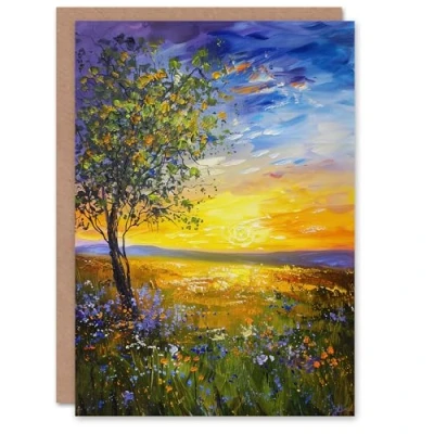 Image of Artery8 Tree Wildflower Meadow at Sunset Oil Painting Greeting Birthday Card Him Her All Blank
