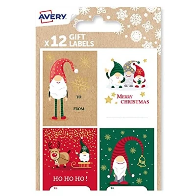 Image of Avery Festive Label Pack with Gnome Designs 12 PCS Gift Stickers, Premium Christmas Name Labels and Wrap Decoration.
